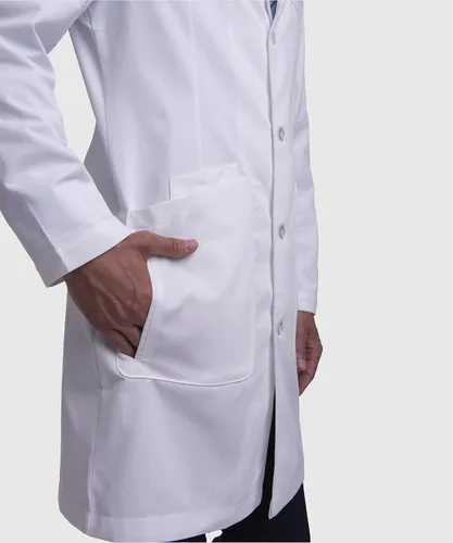 Miniatura 5 de Dr. James Abrigo de laboratorio profesional para hombre, ajuste a medida, cierre de cuatro botones, múltiples bolsillos, blanco, 39 pulgadas de largo