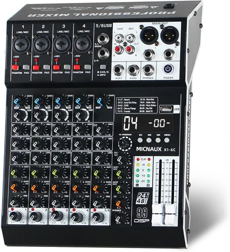 Miniatura 11 de Mezclador de audio de 4 canales, consola mezcladora de sonido profesional con 99 efectos DSP, mezclador de DJ pequeño con USB, Bluetooth, fuente