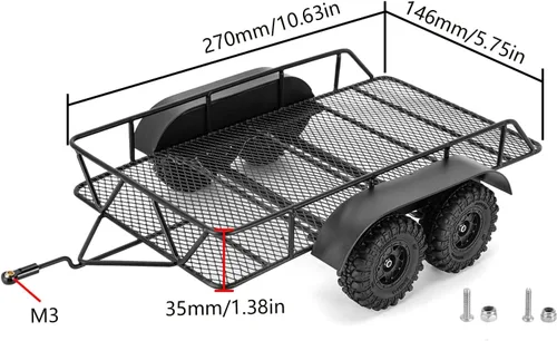 Miniatura 2 de INJORA Remolque RC para transportar detrás del coche - Remolque de enganche de metal para 1/18 RC Crawler TRX4M Defender Bronco K10 High Trail F150