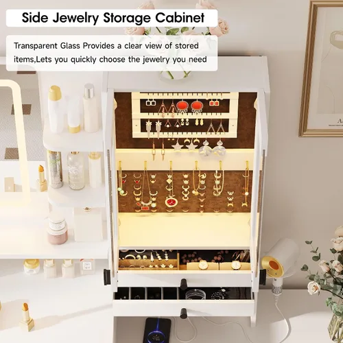 Miniatura 4 de Vabches Escritorio grande de tocador de 59 pulgadas con espejo y luces, mesa de tocador de maquillaje blanca con gabinete de joyería y 7 cajones