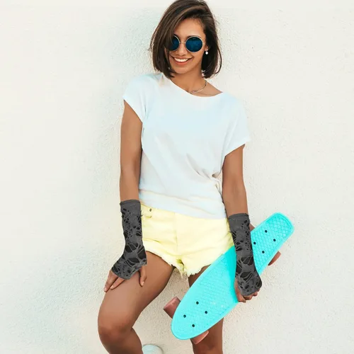 Miniatura 3 de Skeleteen Calentadores de brazos rasgados punk, guantes de punto sin dedos, de manga larga, accesorios góticos para hombres y mujeres, Gris