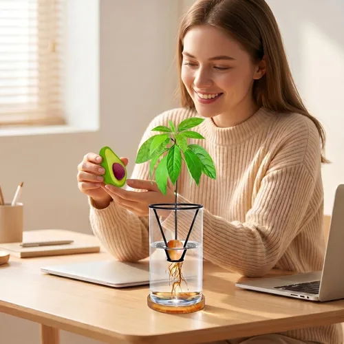Miniatura 6 de Kits de cultivo de árboles de aguacate con cepillo para botellas, figura de aguacate, base de bambú, jarrón de iniciación de semillas de aguacate