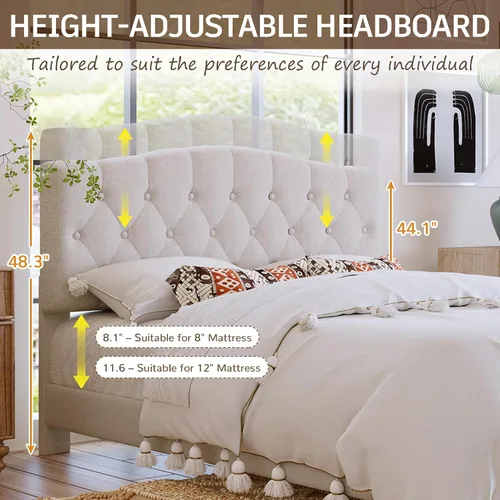 Miniatura 3 de Merax Cama de plataforma tapizada de lino tamaño Queen con cabecera curvada ajustable, acolchado de diamante, listones de madera, soporte de metal
