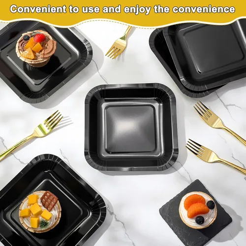 Miniatura 4 de Dandat 100 platos pequeños de papel negro de 7 pulgadas, platos cuadrados desechables para tartas con tenedores de postre de plástico, vajilla