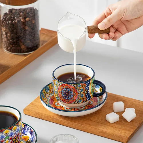 Miniatura 6 de vancasso Juego de 4 tazas de café espresso apilables de 8 onzas con platillos y soporte de metal, tazas de capuchino de cerámica bohemia, aptas
