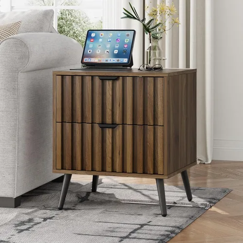 Miniatura 9 de Smuxee Mesita de noche de madera de nogal con 2 cajones, mesita de noche de mediados de siglo con puertas de tablero de ajedrez en relieve, mesita