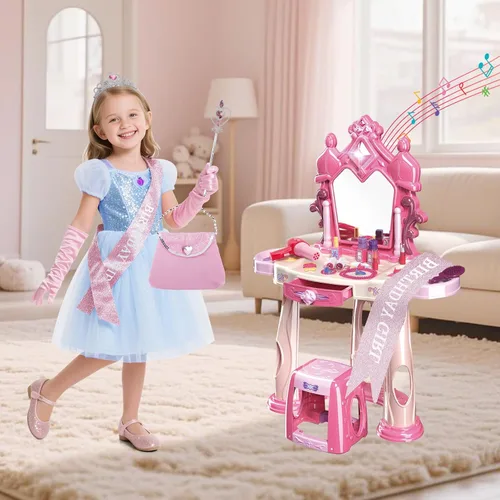 Miniatura 2 de deAO Juego de tocador de maquillaje para bebés con espejo y silla, juguete de tocador para niños con maquillaje de simulación con secador de pelo