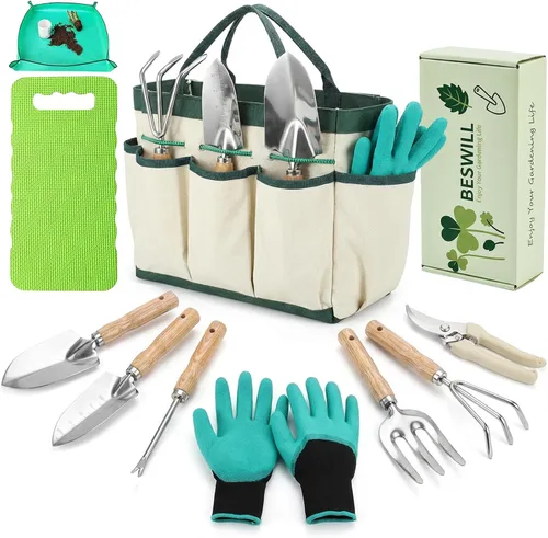 Miniatura 10 de Juego de 8 herramientas de jardinería resistentes con bolsa de mano, herramientas manuales de jardinería de aluminio a prueba de óxido con agarres