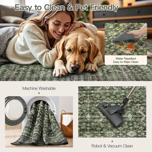 Miniatura 4 de Alfombra Lofus de 8 x 10 pulgadas para sala de estar, alfombras grandes lavables verdes con respaldo antideslizante, alfombras suaves boho
