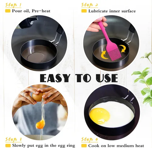 Miniatura 4 de Anillos de huevo para freír huevos, 3.5 pulgadas de acero inoxidable, para panqueques ingleses, magdalenas, con mango de silicona