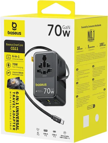Miniatura 8 de Baseus Adaptador de viaje universal de 70 W, adaptador de enchufe internacional 6 en 1 con cable retráctil, cargador de pared USB-C PD de carga Negro
