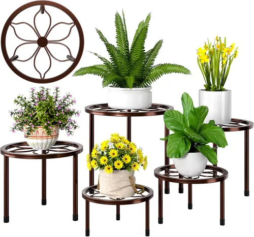 Miniatura 8 de VECELO Juego de 5 soportes de metal para plantas, soporte para macetas de alta resistencia, soporte redondo para plantas, color negro