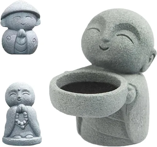 Miniatura 8 de livelyfish Estatua de monje japonés de 3 piezas de estatuas de buda de piedra arenisca zen rezando, esculturas asiáticas de jardín para buena