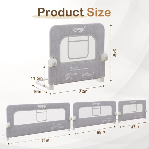 Miniatura 7 de Riel de cama para niños pequeños, riel de cama de 81 cm con base en forma de U más ancha, rieles de cama transpirables para camas King, Queen, Full