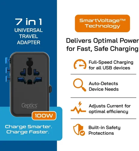 Miniatura 5 de Ceptics Adaptador de viaje universal GAN de 100 W con cable USB-C retráctil, 2 puertos USB-A y C, entrada universal y 1 entrada USA/JP, adaptador
