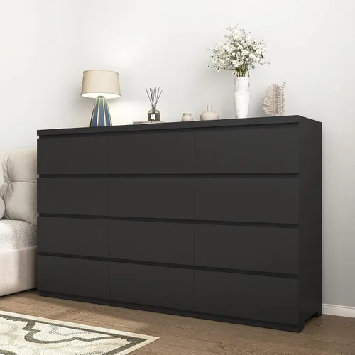 Miniatura 8 de Cómoda negra de 12 cajones para dormitorio, cómoda moderna con cajones profundos de 63 pulgadas, cómoda de almacenamiento ancha y larga, muebles