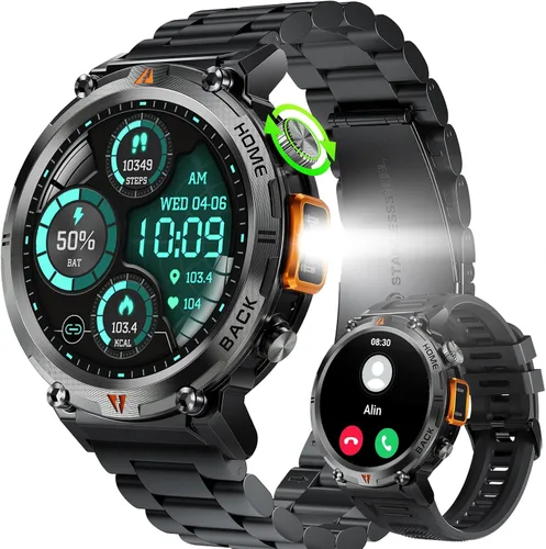 Reloj inteligente militar para hombre (recepción de llamadas/marcación) con linterna LED, 1.45 pulgadas HD resistente al aire libre, reloj