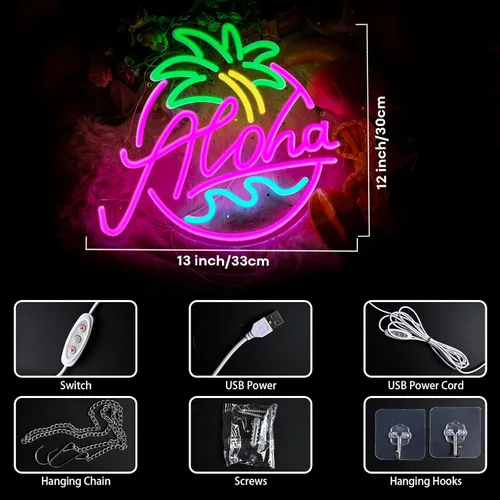 Miniatura 2 de Aloha - Letrero de neón de palmera para fiesta en la playa, letrero LED de verano tropical Aloha para decoración de pared de bar Tiki hawaiano