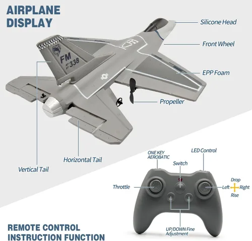 Miniatura 6 de jaming Avión de control remoto de 3 canales para adultos, F16 RC Fighter con giroscopio de 6 ejes, avión de control remoto de 2.4 GHz para Gris