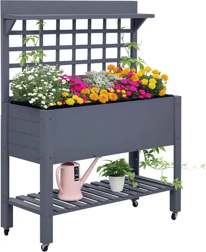 Miniatura 10 de Outsunny Cama de jardín elevada de 41 pulgadas con enrejado sobre ruedas, maceta elevada de madera con patas y forro de cama, para flores, hierbas