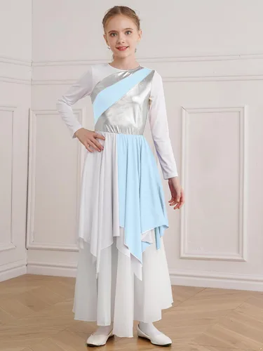 Miniatura 5 de JEATHA Vestido tipo túnica asimétrica de alabanza metálica brillante de manga larga para niños y niñas, disfraz de baile contemporáneo lírico