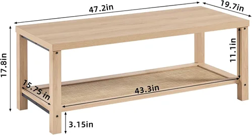 Miniatura 2 de Lerliuo - Mesas de café boho para sala de estar, mesa central de ratán con estante de almacenamiento abierto, madera natural
