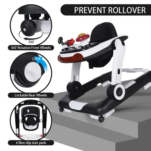 Miniatura 7 de Kinder King Andador para bebés con música y luces, 5 en 1 caminante de actividad para bebés con rueda, altura y asiento ajustables, asiento de Negro