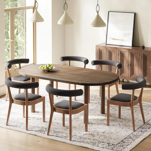 Miniatura 19 de Kmax Sillas de comedor de mediados de siglo, sillas de cocina de tela moderna con marco con acabado de nogal natural, respaldo curvado de lino, beige