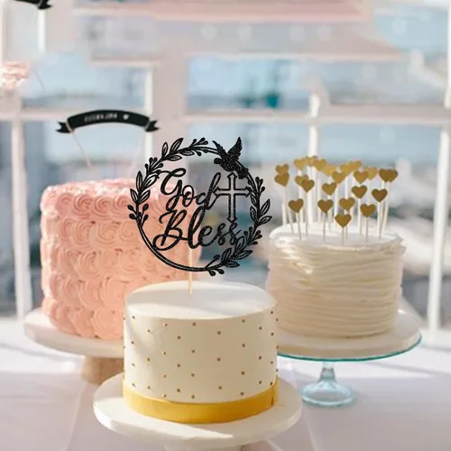 Miniatura 6 de 1 pieza de decoración de pastel Dios bendiga con cruz de paloma y purpurina, para bautizo, primera comunión, celebración religiosa, baby shower
