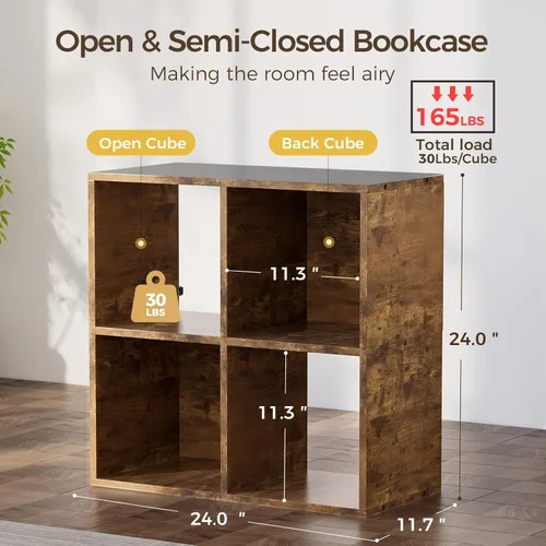 Miniatura 2 de COMHOMA Organizador de almacenamiento de 4 cubos de madera con respaldo abierto y paneles traseros removibles, estantería librería de cubos marrones