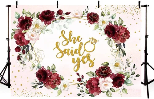 Miniatura 3 de SENDY Telón de fondo floral burdeos de 7 x 5 pies con texto en inglés "She Said Yes" para despedida de soltera, boda, aniversario, fotografía, fondo