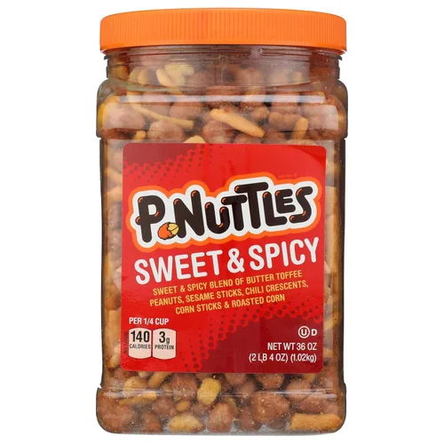 P-Nuttles Sweet & Spicy Snack Mix, tarro de 36 onzas (paquete de 1) – Mezcla de barra ideal – Cacahuetes cubiertos de caramelo de mantequilla con