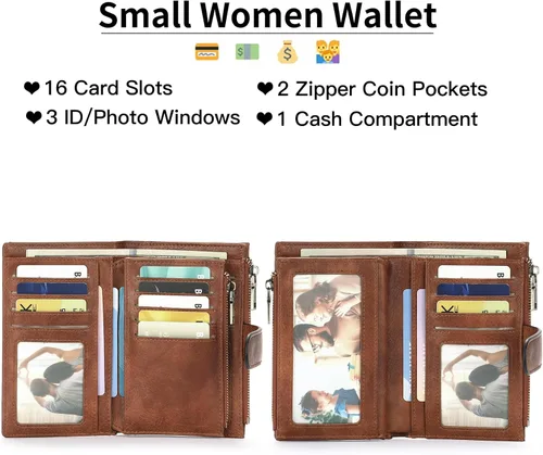 Miniatura 2 de GOIACII - Carteras para mujer con bloqueo RFID para tarjetas de crédito y 2 bolsillos con cremallera, cartera de cuero con 3 ventanas