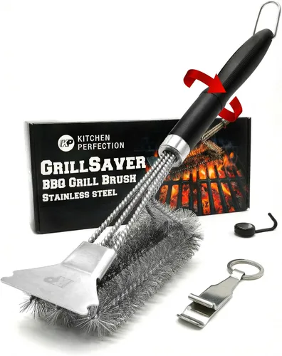 KITCHEN PERFECTION GrillSaver - Cepillo seguro para barbacoa con cabezal de limpieza reemplazable, limpiador de parrilla resistente con raspador,