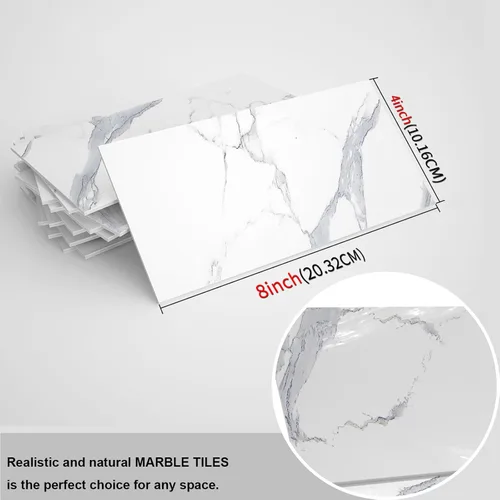 Miniatura 5 de TUOKING Azulejos de metro de mármol de 4 piezas para despegar y pegar, de 4 x 8 pulgadas, compuesto de piedra blanca, impermeable, azulejos de pared