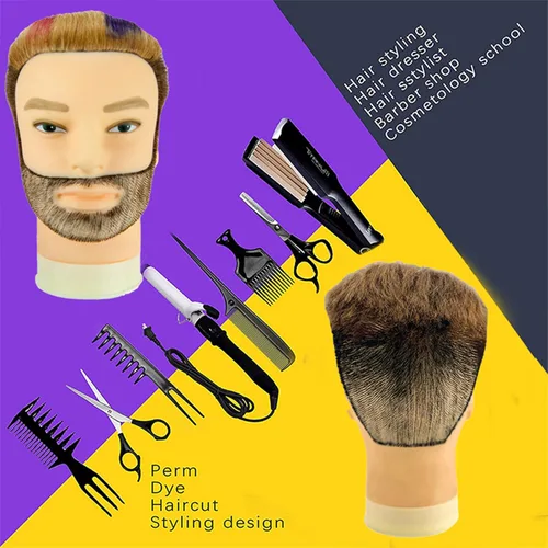 Miniatura 3 de Cabeza de maniquí masculino con barba, 100% cabello humano real, corte de pelo, cabeza de entrenamiento para cosmetología, cabello liso y grueso