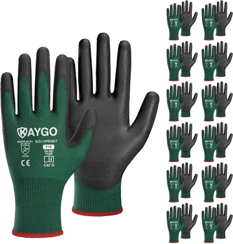 Miniatura 17 de KAYGO KG11PB - Guantes de seguridad con revestimiento delgado de poliuretano, tejido sin costuras, agarre suave en palma y dedos, para trabajo Verde
