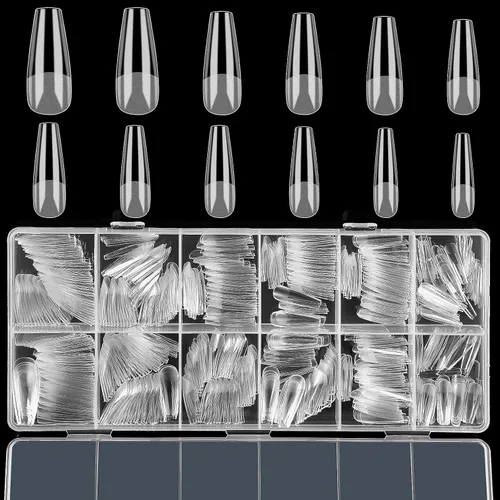 FEBSNOW 600 piezas de puntas de uñas postizas largas estilo ataúd, uñas de gel transparentes de cobertura completa, estilo bailarina, autoadhesivas,