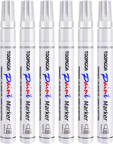 TOOMGGA Rotuladores permanentes de pintura blanca, paquete de 6 rotuladores a base de aceite, punta media, secado rápido e impermeables para pintura