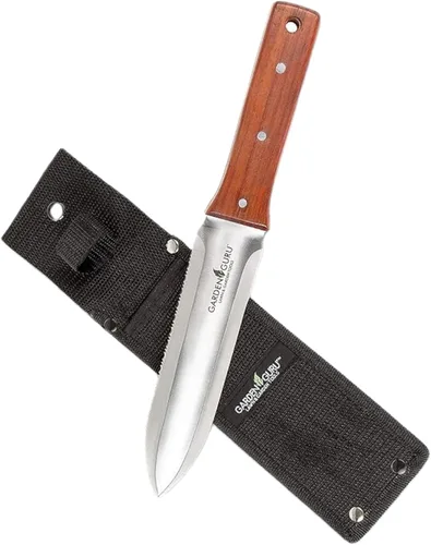 Garden Guru Hori Hori - Cuchillo de jardinería para deshierbar, excavar, podar y cultivar, hoja de espiga completa de acero inoxidable | Marcas para