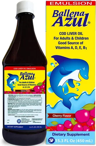 Ballena Azul Aceite de Hígado de Bacalao para Adultos y Niños, Aceite de Hígado de Bacalao para adultos y niños, vitaminas A, D, E, B1, suplemento