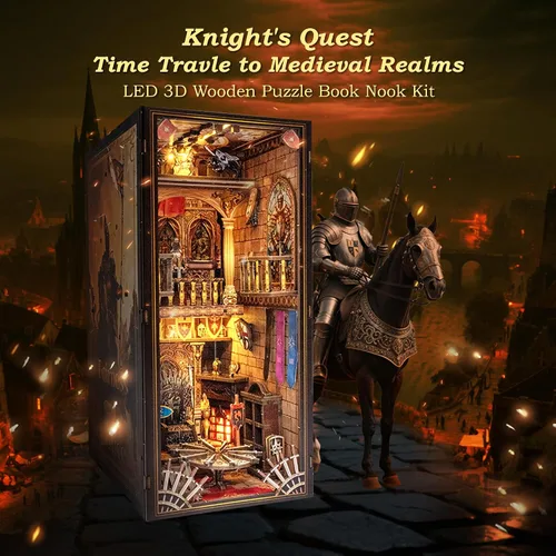 Miniatura 5 de Kit de Rincón de Libros - Casa de Muñecas Castillo del Caballero con Escena del Salón del Trono, Rompecabezas 3D en Miniatura para Estanterías