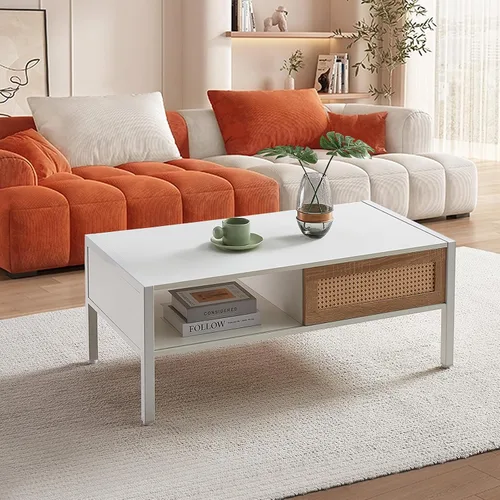 Miniatura 7 de Mesa de centro de ratán, mesa de centro moderna de mediados de siglo de 40.3 pulgadas con almacenamiento, mesa rectangular de madera para sofá