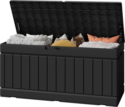 Greesum Caja de almacenamiento al aire libre de 82 galones con tapa para muebles de patio, herramientas de jardín, suministros de piscina, Café