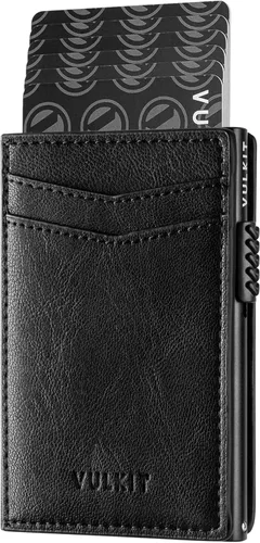 VULKIT Billeteras delgadas para hombre, con bloqueo RFID, diseño minimalista con capacidad para hasta 11 tarjetas, Negro -, Minimalista