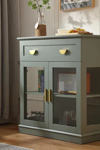 Miniatura 8 de FOREST GRAVITY Armario de buffet pequeño de 31.5 pulgadas con puertas de cristal, pequeño gabinete de barra de café con almacenamiento, aparador