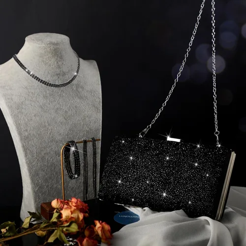 Miniatura 3 de Kigeli 4 Pieces Women Rhinestone Evening Clutch Bag Bling Earring Necklace Bracelet for Wedding Graduation Prom
