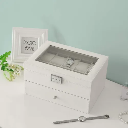 Miniatura 7 de BEWISHOME Organizador de caja de reloj 20 hombres y mujeres caja de reloj Soporte de almacenamiento Bisagra de metal blanco PU cuero superior