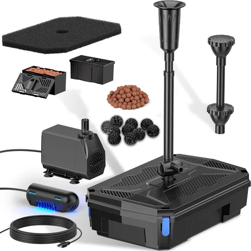 NFESOLAR Kit de filtro de estanque todo en uno, con bomba de agua sumergible de 660 GPH, clarificador UV, filtración de 3 capas para estanques al