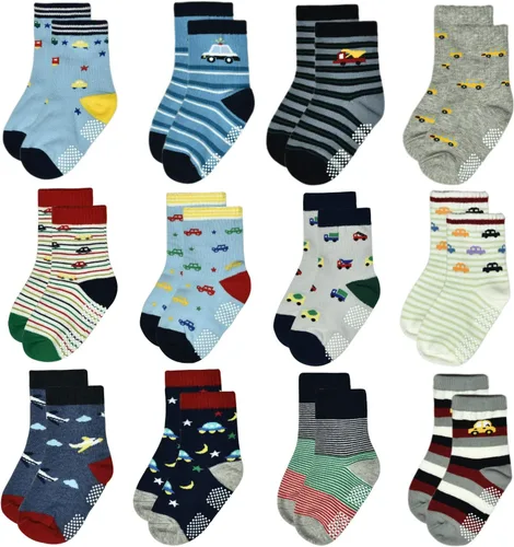 Tphon Calcetines para niños pequeños con empuñaduras, 12 pares de calcetines antideslizantes de algodón para niños y niñas de 1 a 7 años